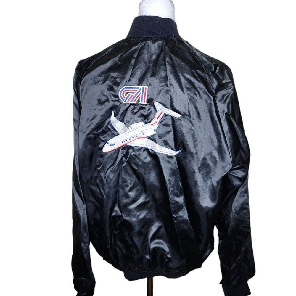 Vintage 80s Satin Snap Bomber Jacket Mens L Black Plane Aviation Flying